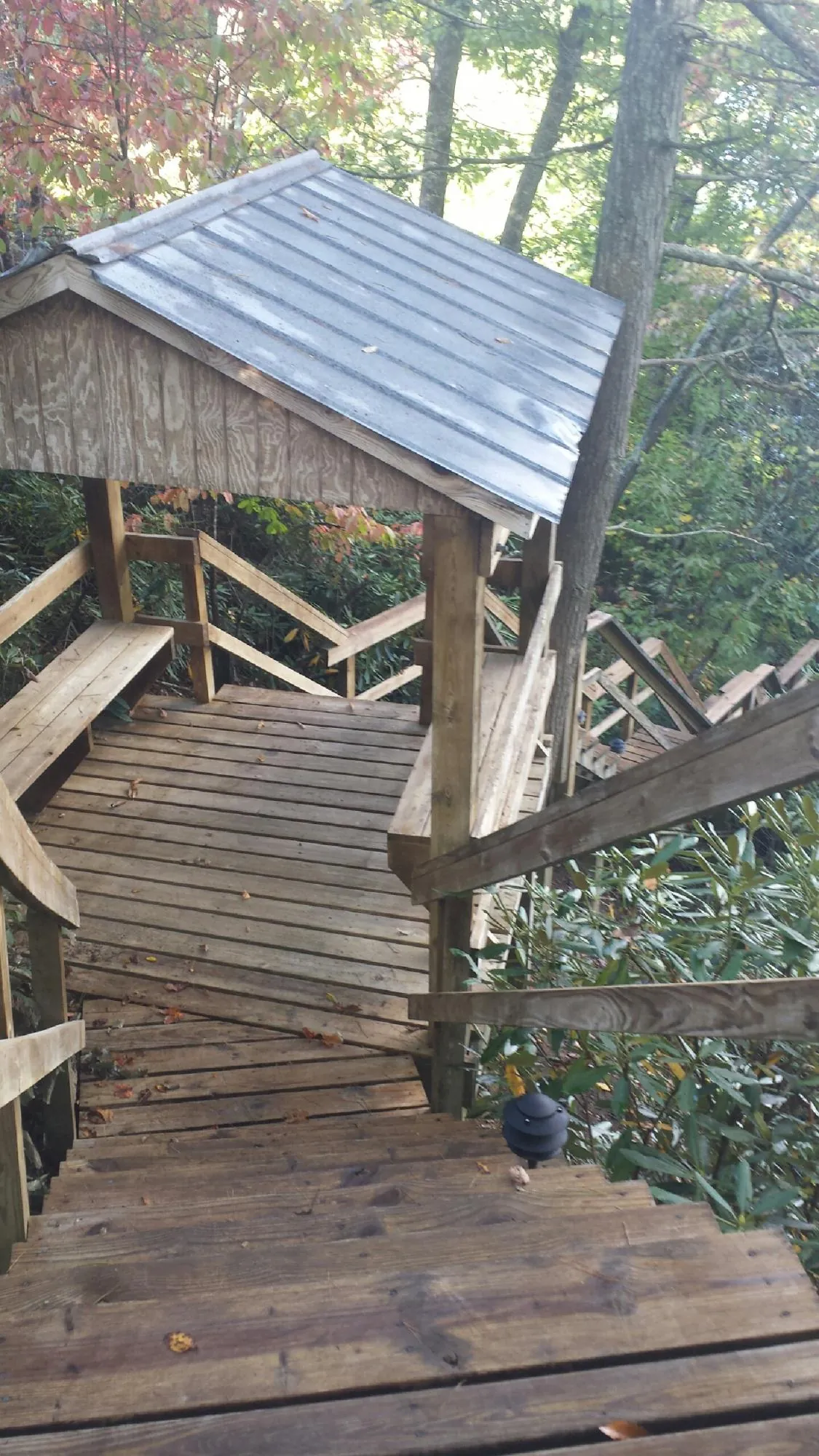 Metal roofed shelter over wooden steps on a wooded walkway — Skylight Repair & Installation work by our crew in Bergholz